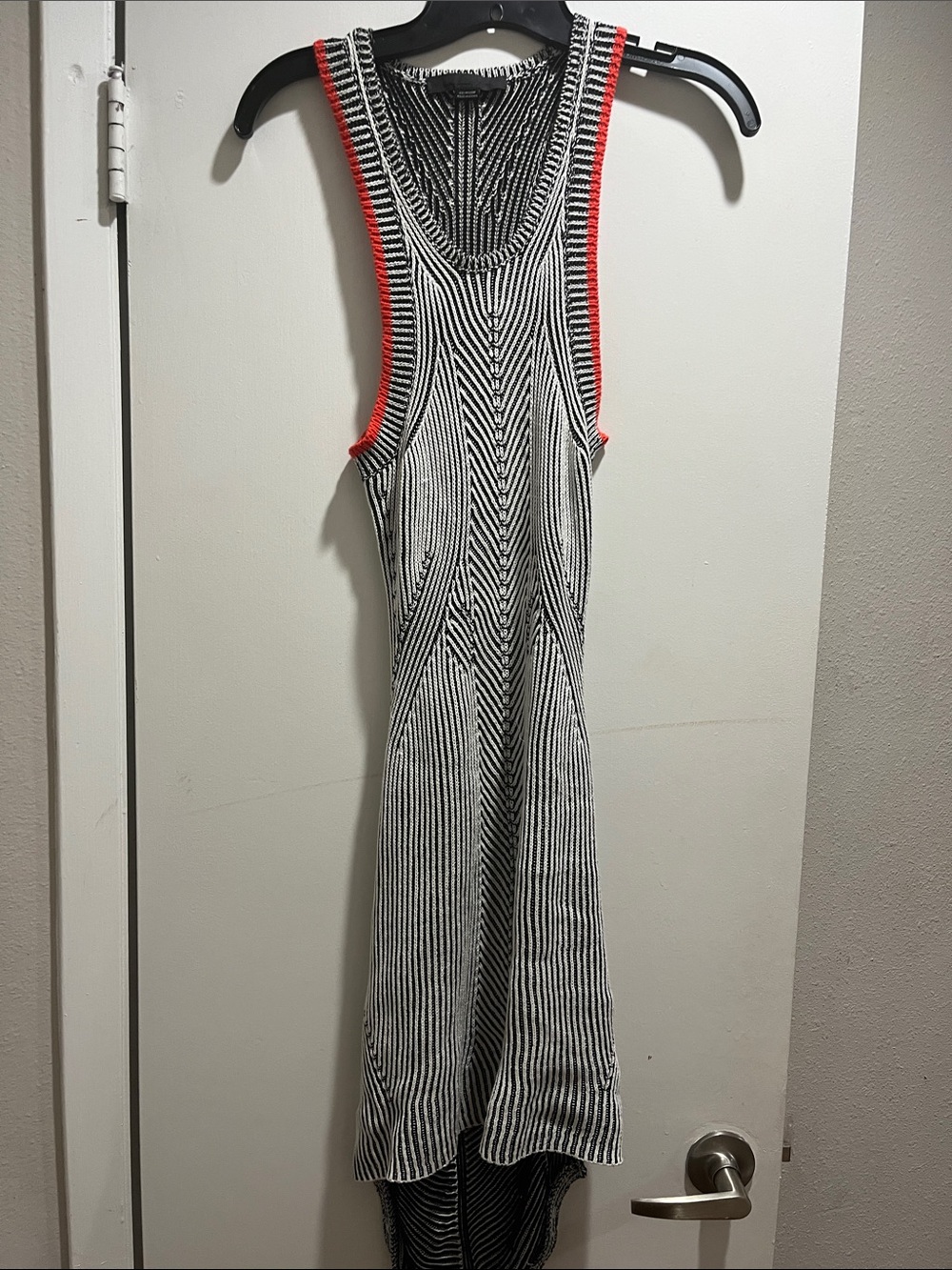 Alexander Wang Black & White Striped Asymmetrical Dress with Red Trim